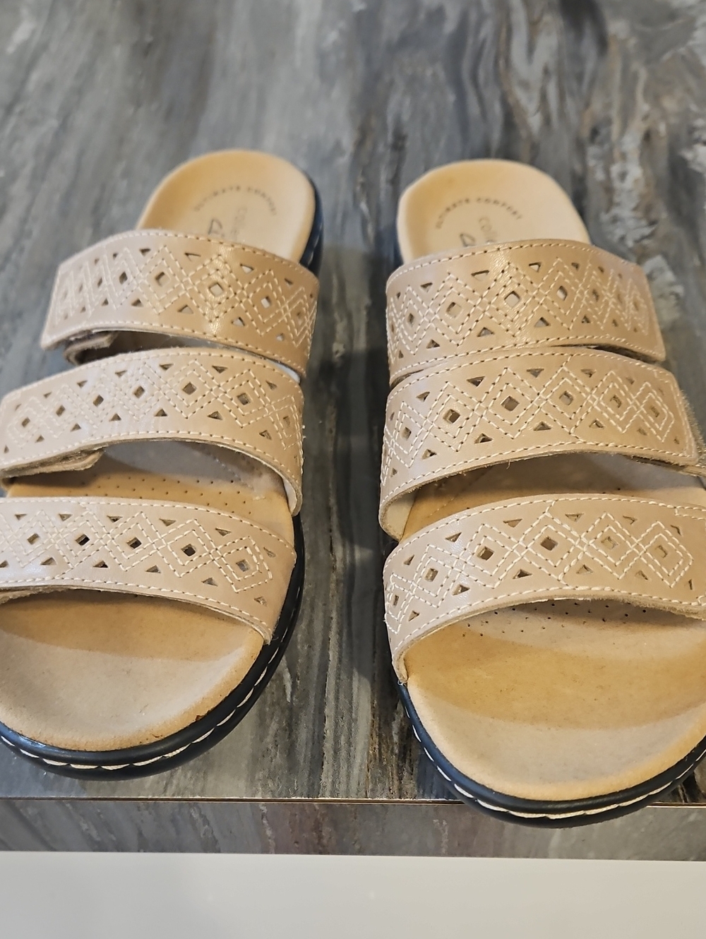 Clarks Beige Triple-Strap Perforated Slide Sandals